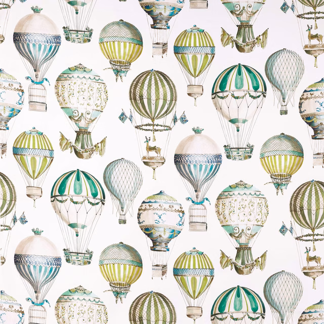 Printed cotton with large jade and teal hot-air balloons on a pale ground