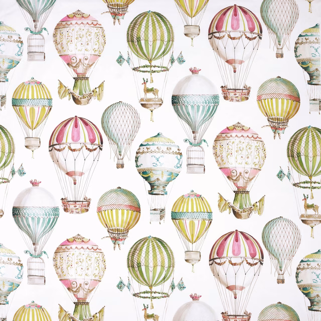 Pastel hot-air balloon print on white cotton fabric with fine illustrated details