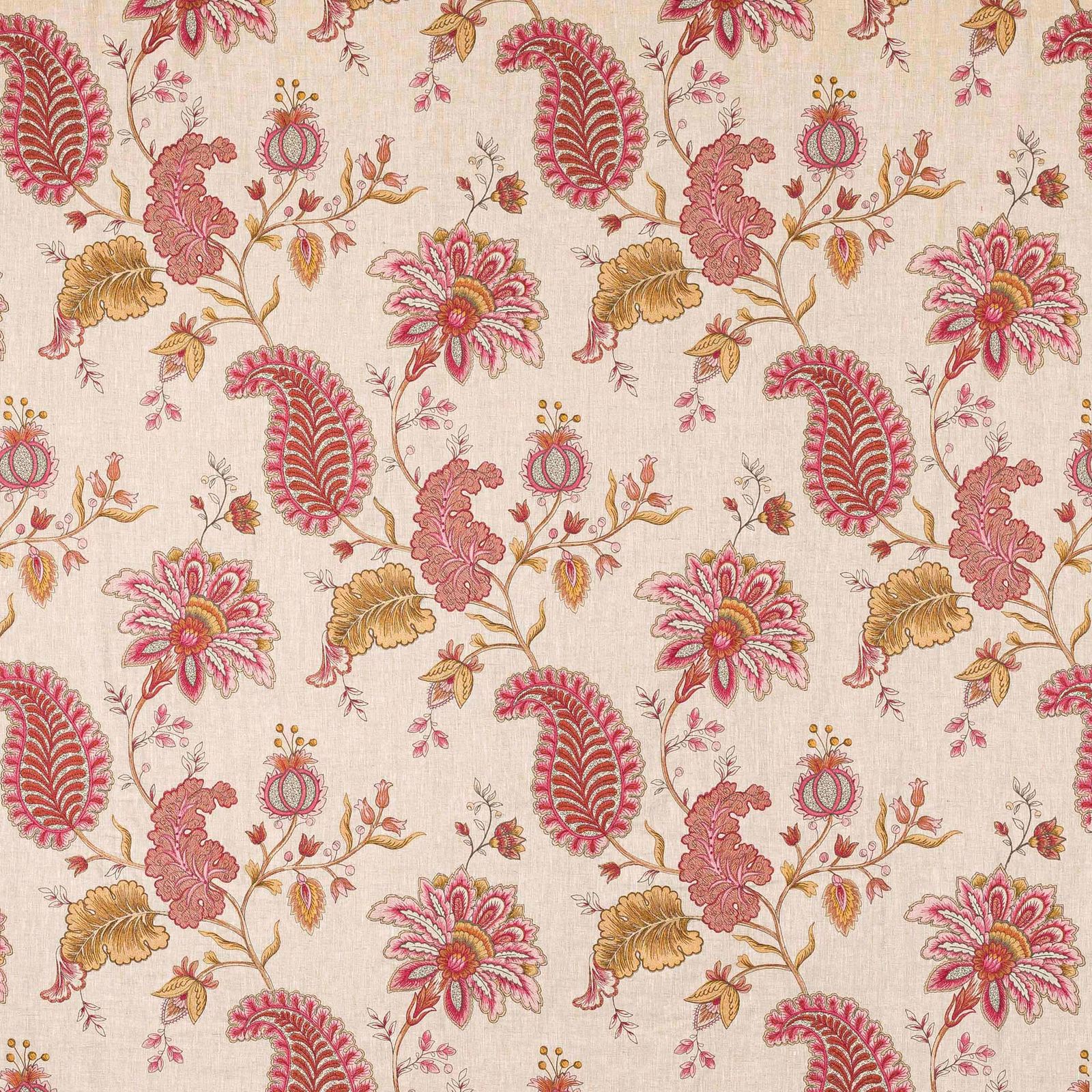Floral linen fabric with pink, rose and gold motifs on a warm ivory ground