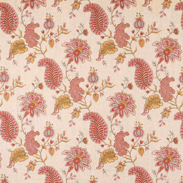 Floral linen fabric with pink, rose and gold motifs on a warm ivory ground