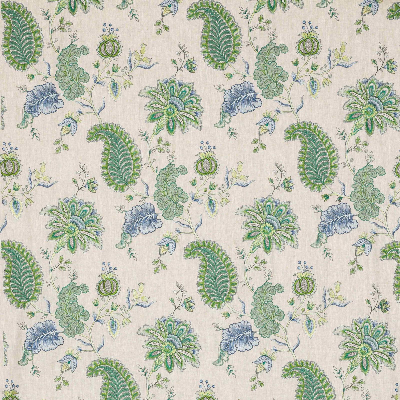 Ivory linen-blend fabric with large emerald, aqua and blue floral embroidery-style print