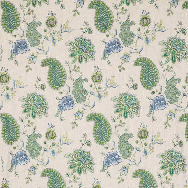Ivory linen-blend fabric with large emerald, aqua and blue floral embroidery-style print