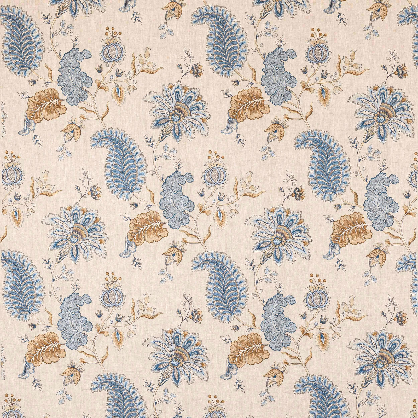 Cream linen-blend fabric with soft blue floral and leaf motifs