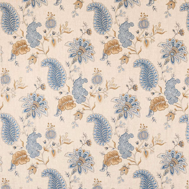 Cream linen-blend fabric with soft blue floral and leaf motifs