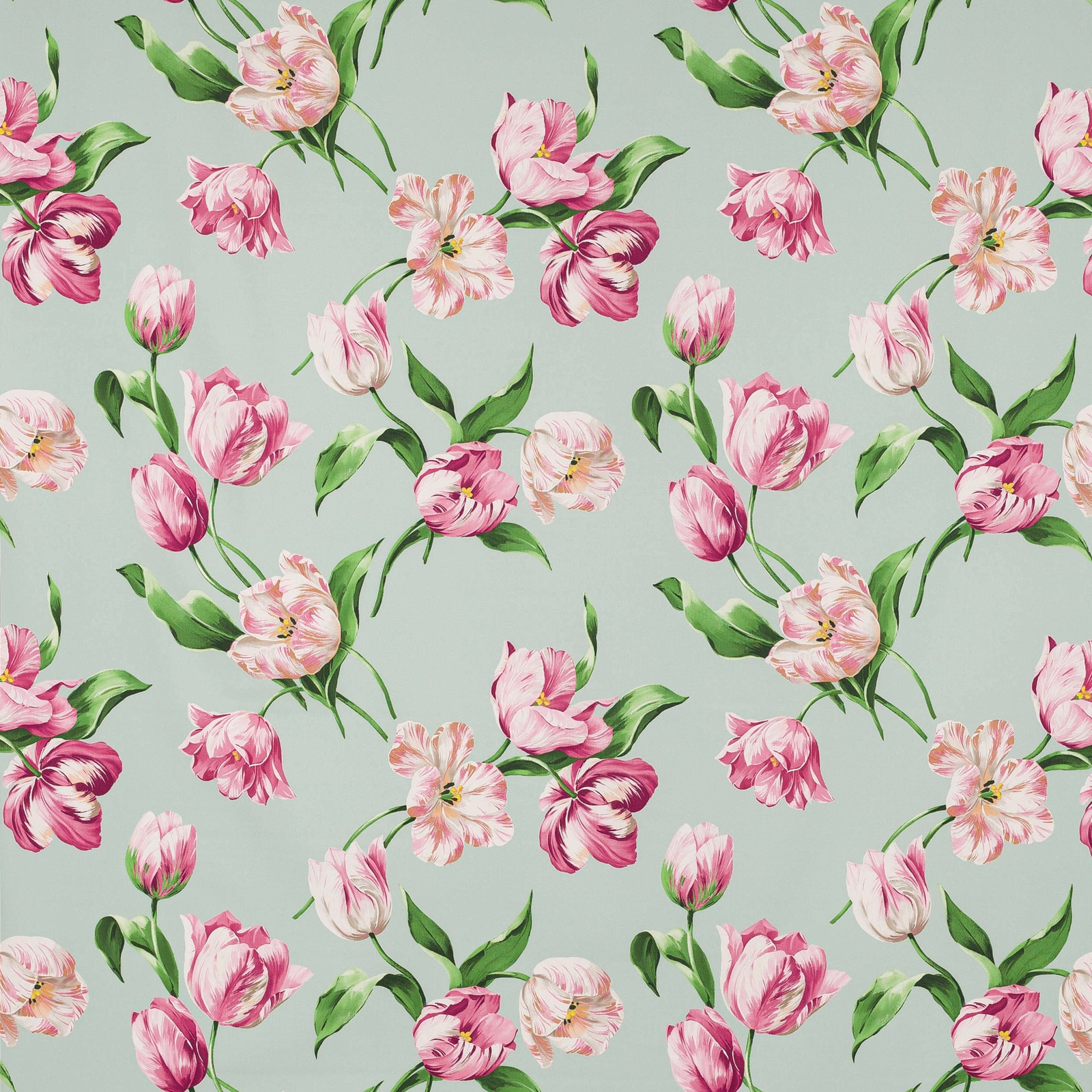 Painterly pink and green floral cotton on a pale mint ground