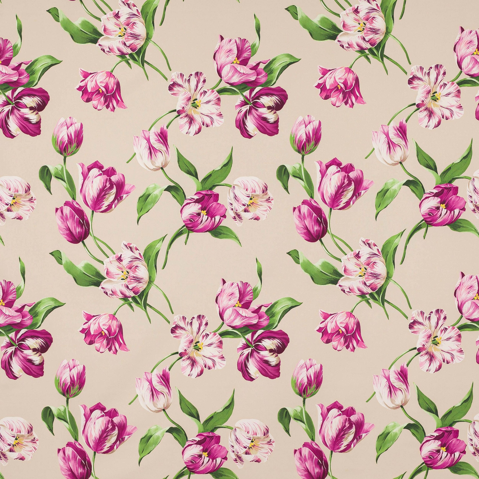 Pink and cream tulip print on pale ground with green leaves