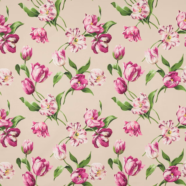 Pink and cream tulip print on pale ground with green leaves