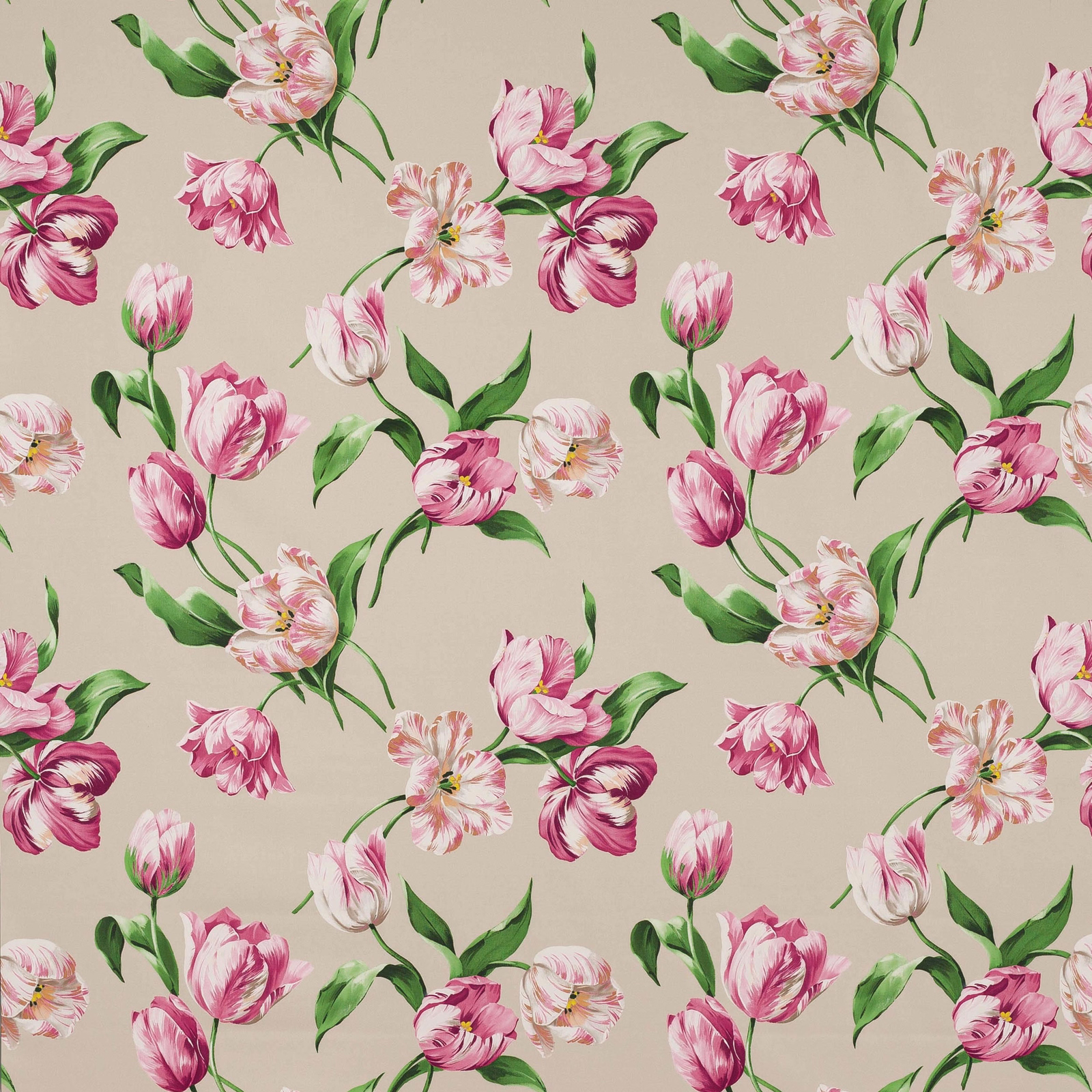 Pink and magenta tulip floral on a warm beige cotton ground