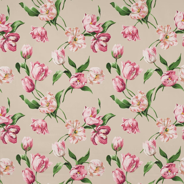 Pink and magenta tulip floral on a warm beige cotton ground