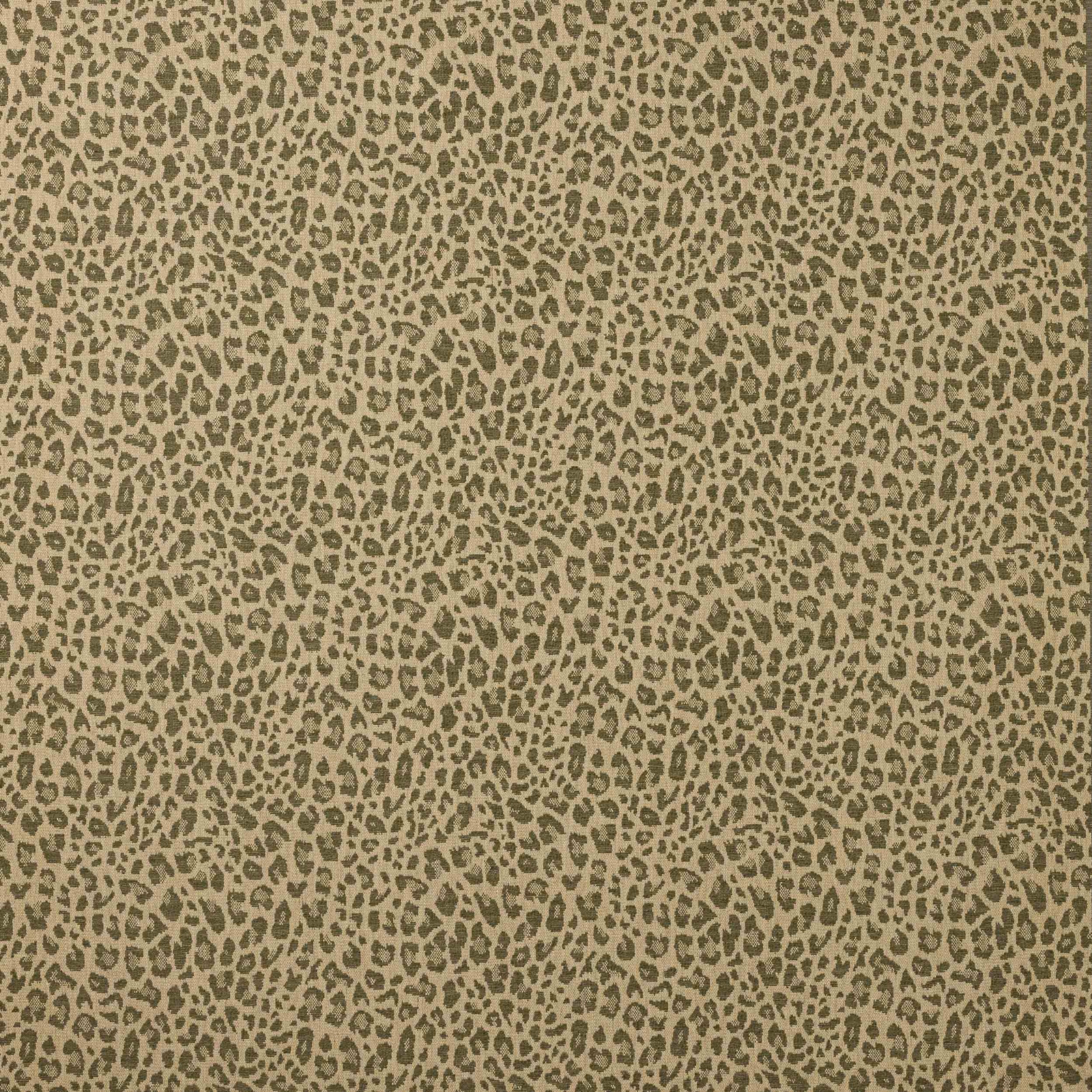 Olive leopard spot fabric on a warm beige ground, small-scale woven texture