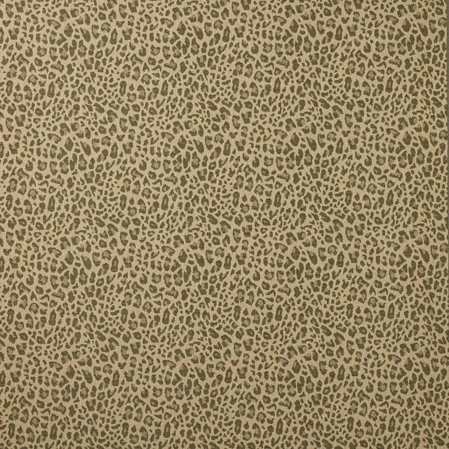 Olive leopard spot fabric on a warm beige ground, small-scale woven texture