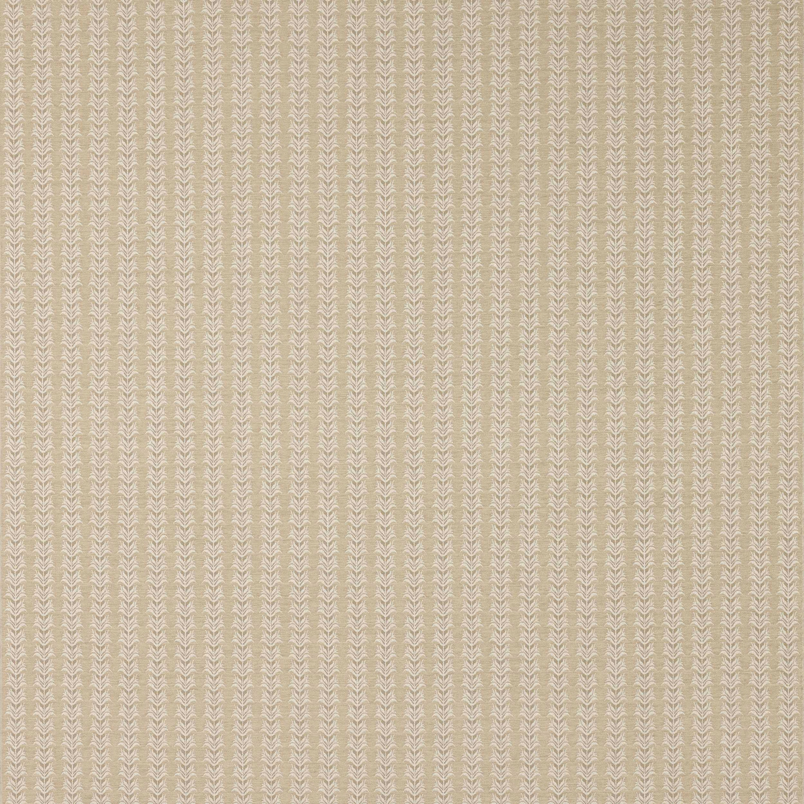 Beige striped fabric swatch with fine ivory leaf motif and woven texture