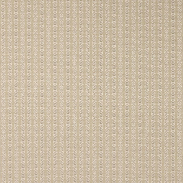 Beige striped fabric swatch with fine ivory leaf motif and woven texture