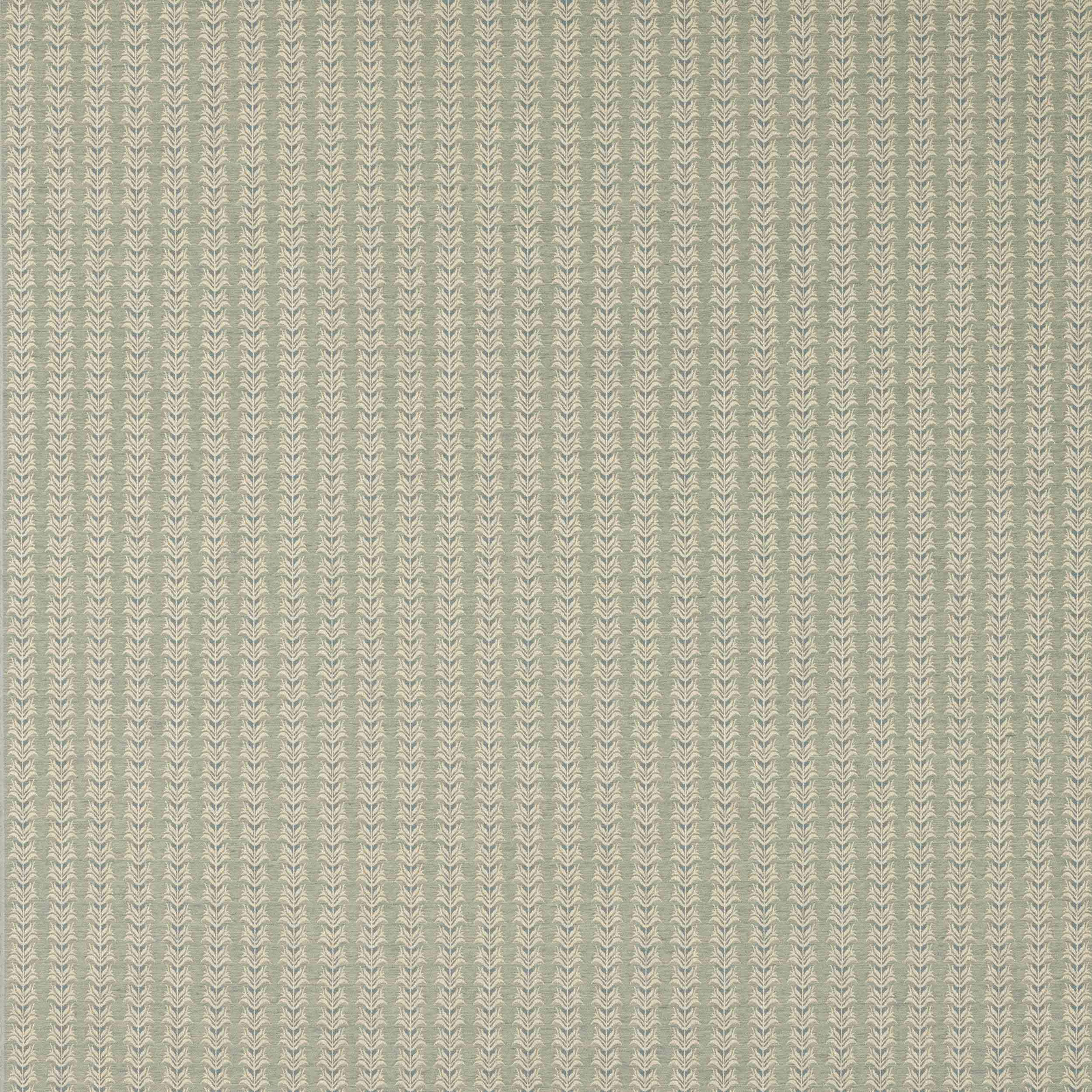 Pale sage-blue striped fabric with tiny leaf motif on woven ground