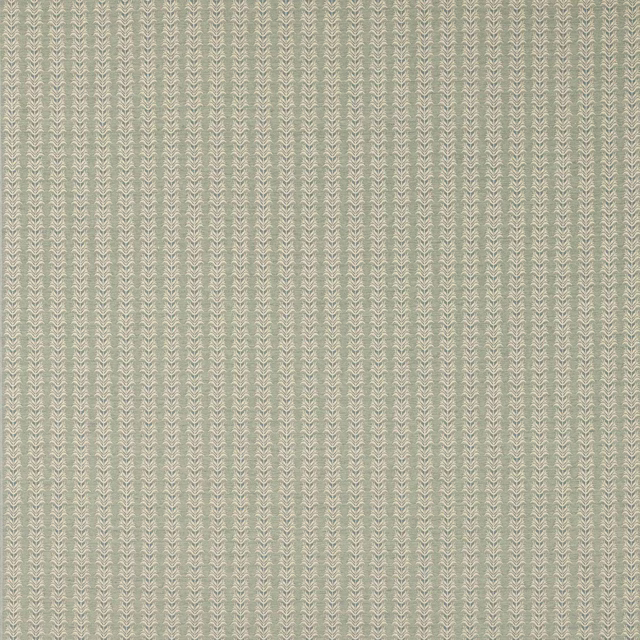 Pale sage-blue striped fabric with tiny leaf motif on woven ground