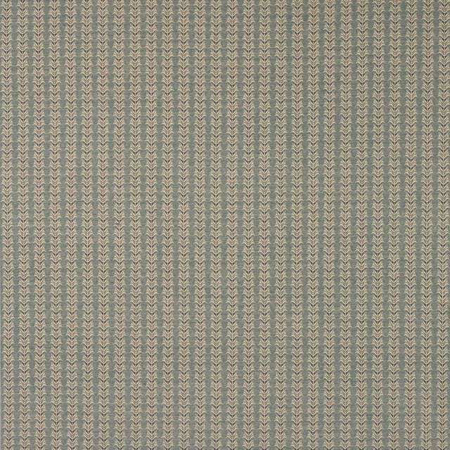 Close-up of Hampden Navy striped woven fabric in muted navy, beige and sage tones