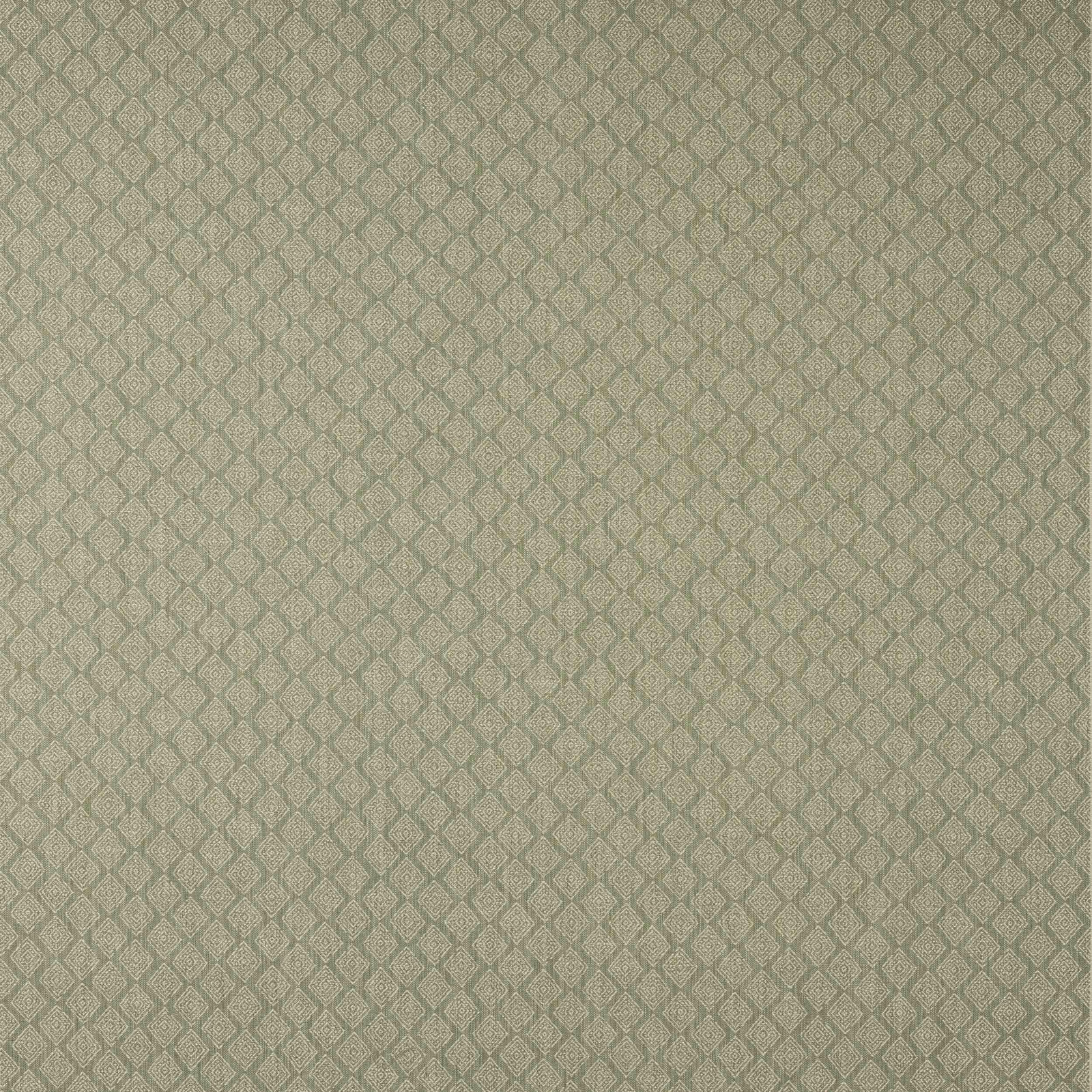 Soft celadon green geometric fabric with small diamond repeat and textured weave
