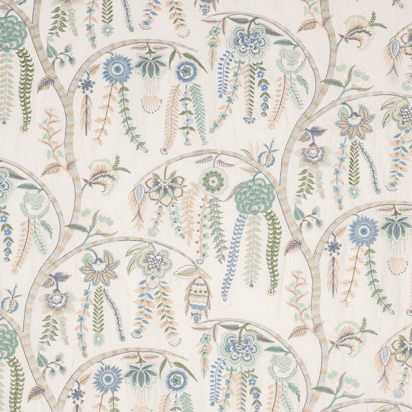 Pale blue floral fabric swatch with scrolling arch motif and trailing botanical embroidery