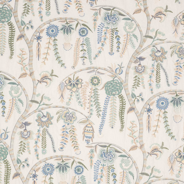 Pale blue floral fabric swatch with scrolling arch motif and trailing botanical embroidery