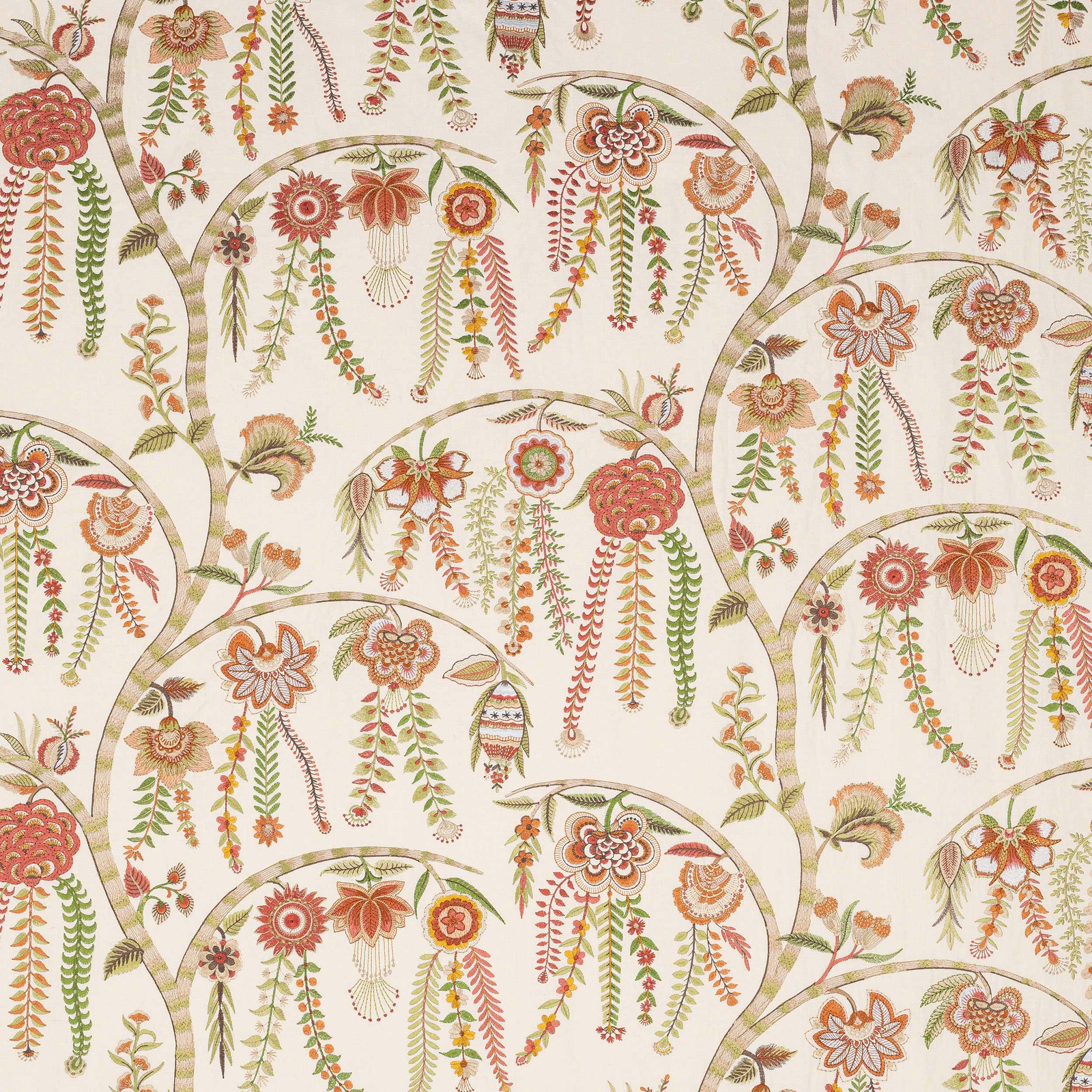 Cream fabric with large scalloped floral motifs in red, green and terracotta