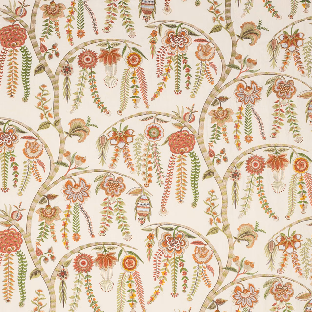 Cream fabric with large scalloped floral motifs in red, green and terracotta