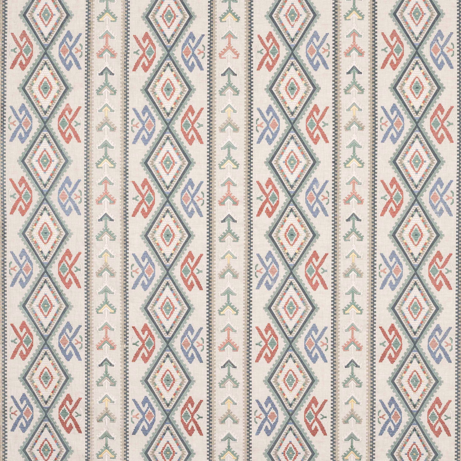 Pale geometric fabric with aqua, coral, blue and sage diamond motifs