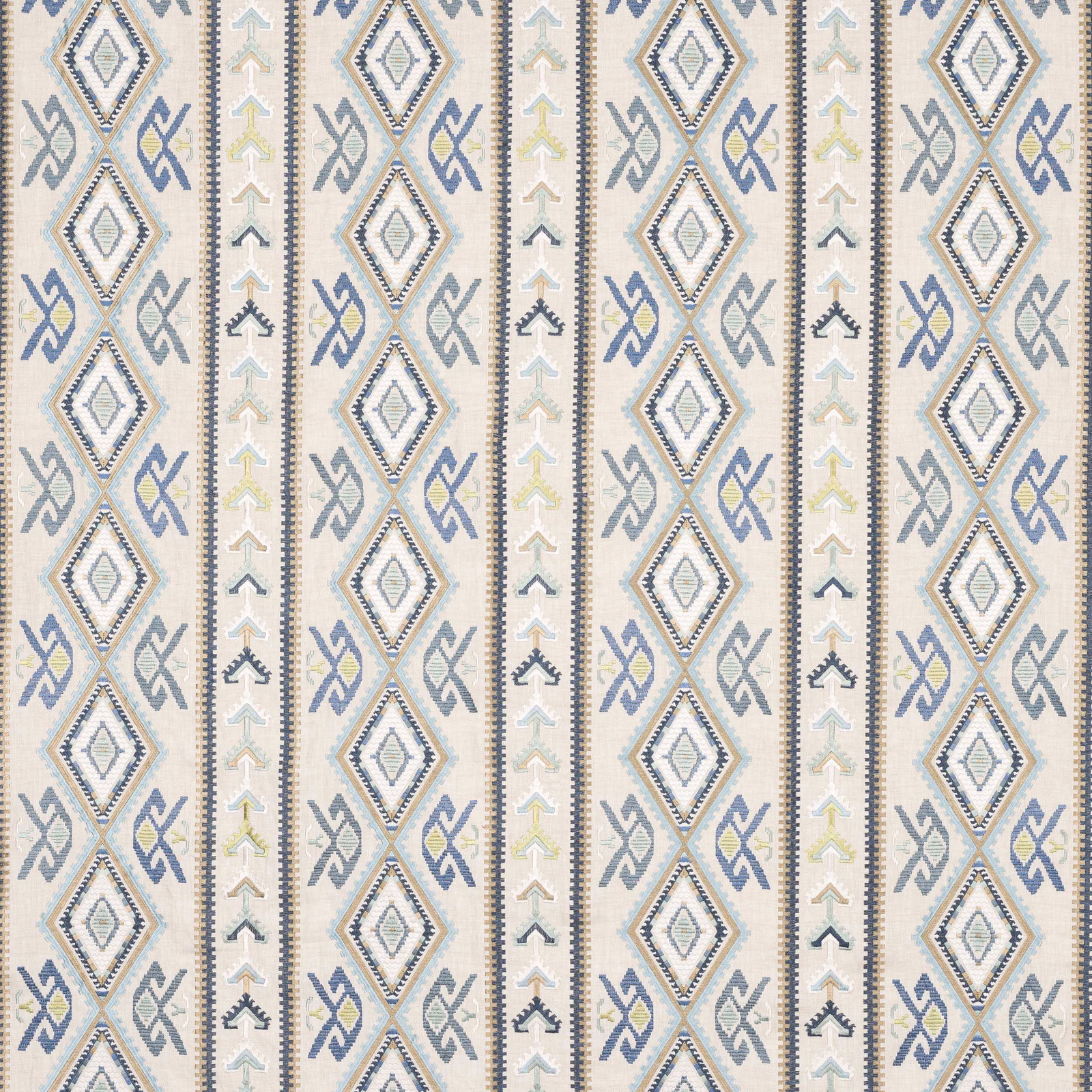 Blue and ivory geometric striped fabric swatch with diamond motifs and stitched borders