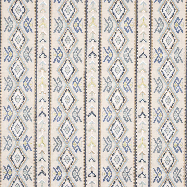 Blue and ivory geometric striped fabric swatch with diamond motifs and stitched borders