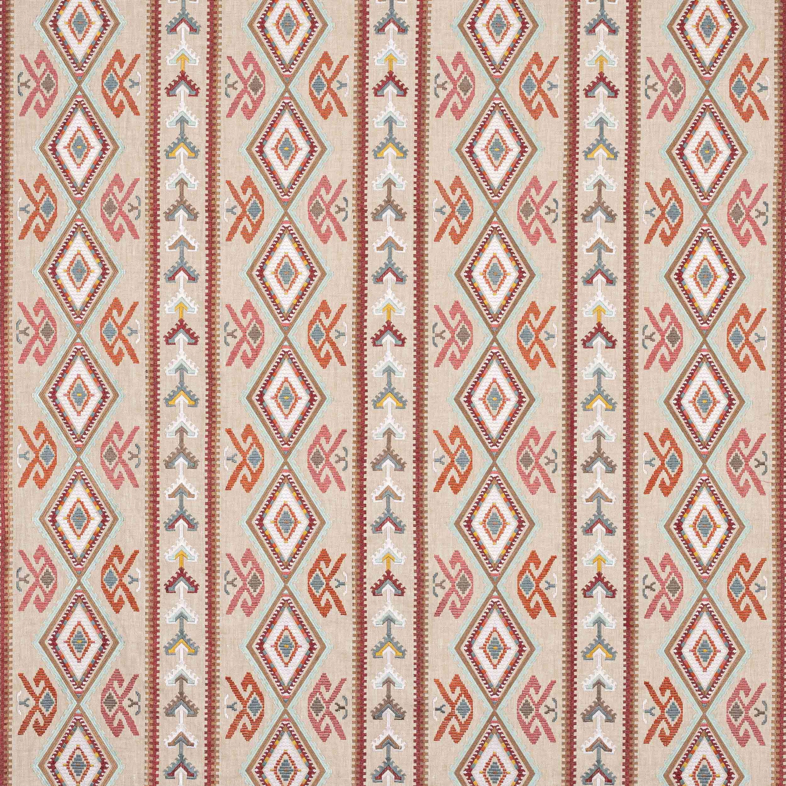 Sand geometric fabric with coral red diamonds and narrow striped bands