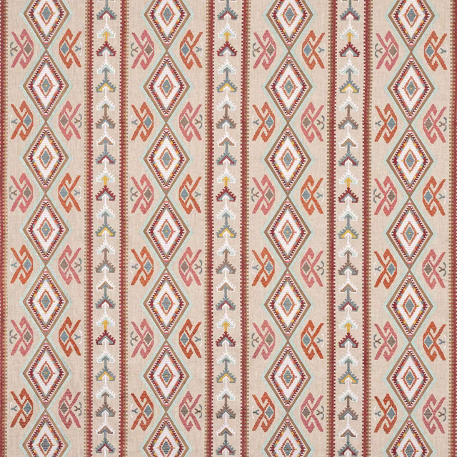 Sand geometric fabric with coral red diamonds and narrow striped bands