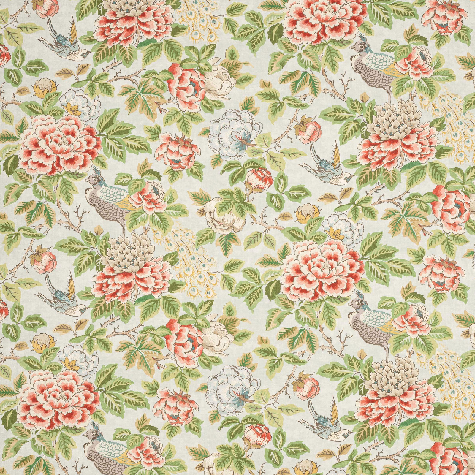 Floral linen swatch on soft aqua ground with coral blooms and green foliage