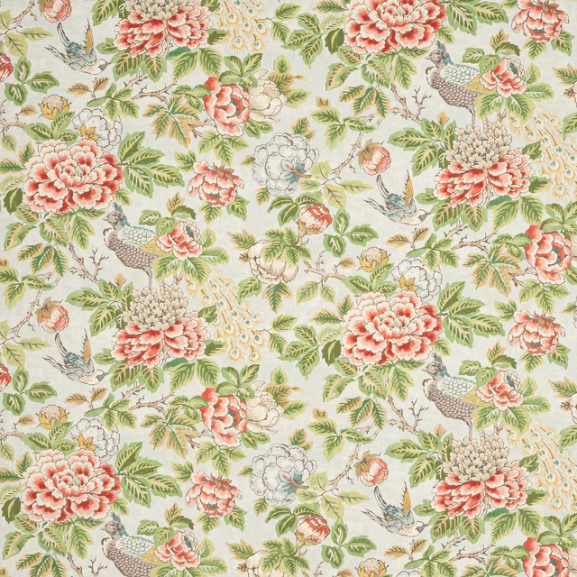 Floral linen swatch on soft aqua ground with coral blooms and green foliage