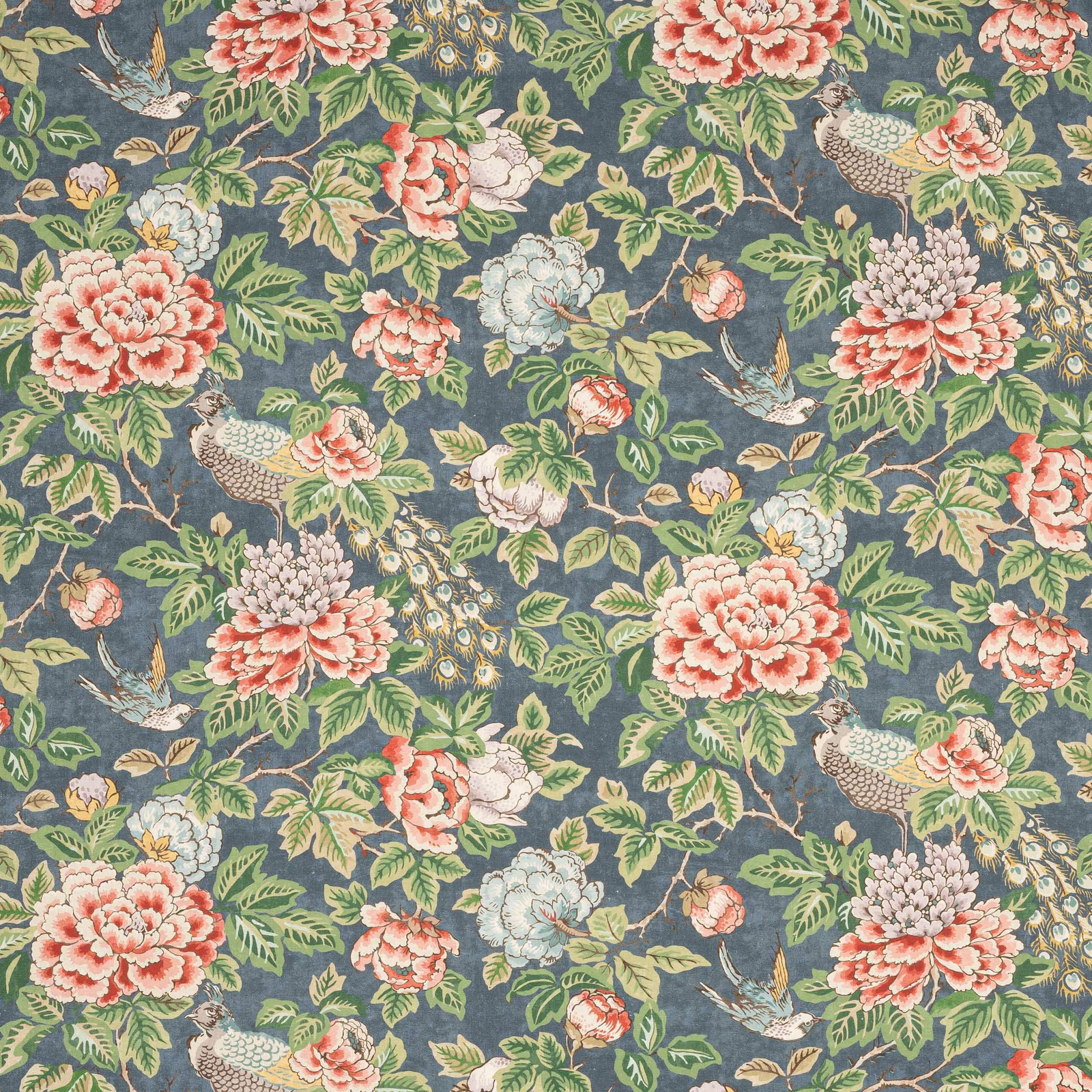 Navy linen fabric with large floral and bird print in coral, green and duck egg