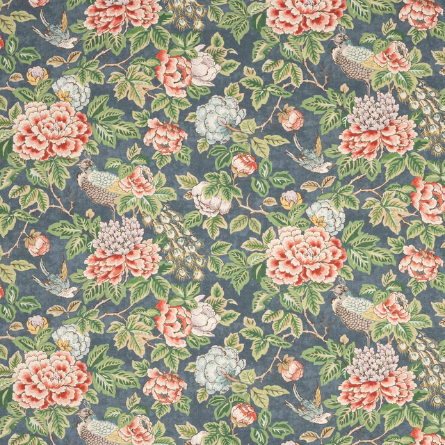 Navy linen fabric with large floral and bird print in coral, green and duck egg