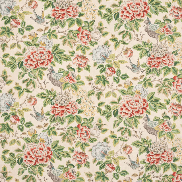 Large floral linen print with blush pink blooms, green leaves and birds on ivory