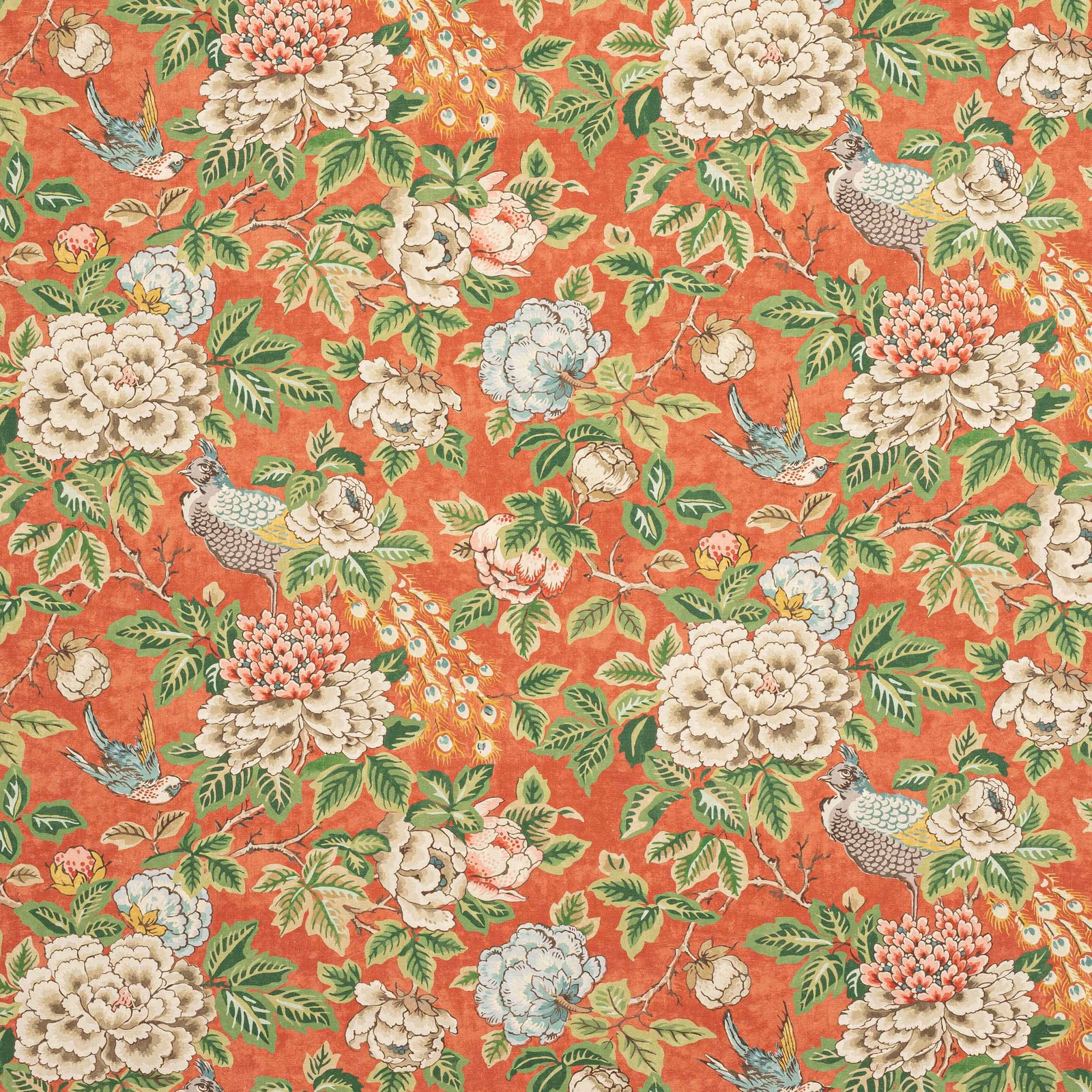 Coral-red floral linen with cream blooms, green leaves and birds