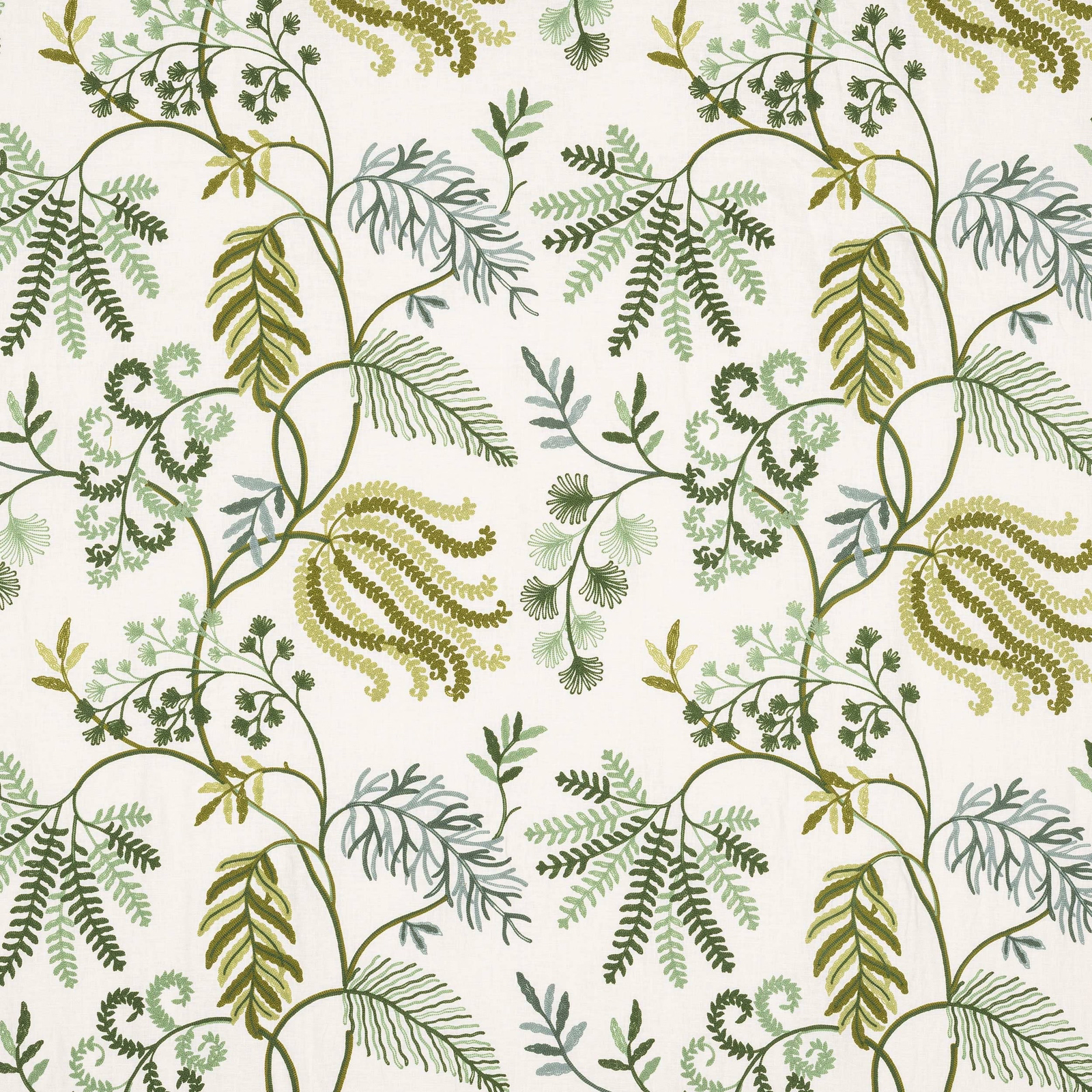 Fern and sage botanical leaf print on an ivory fabric ground