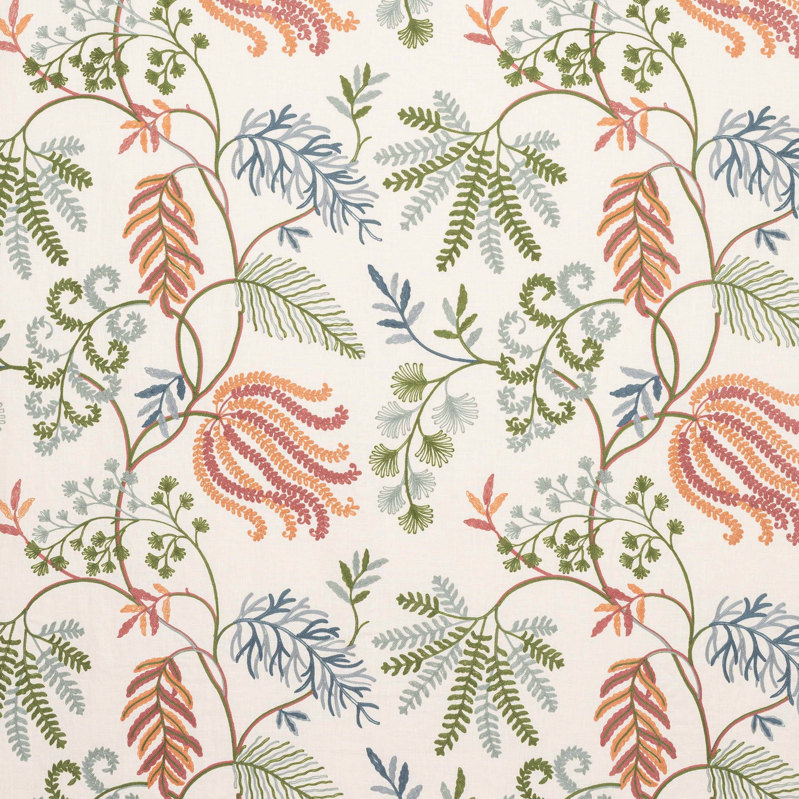 Cream fabric with looping fern botanical motifs in muted red, green and blue-grey