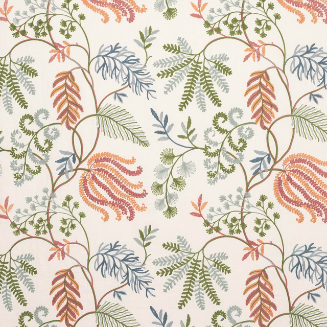 Cream fabric with looping fern botanical motifs in muted red, green and blue-grey