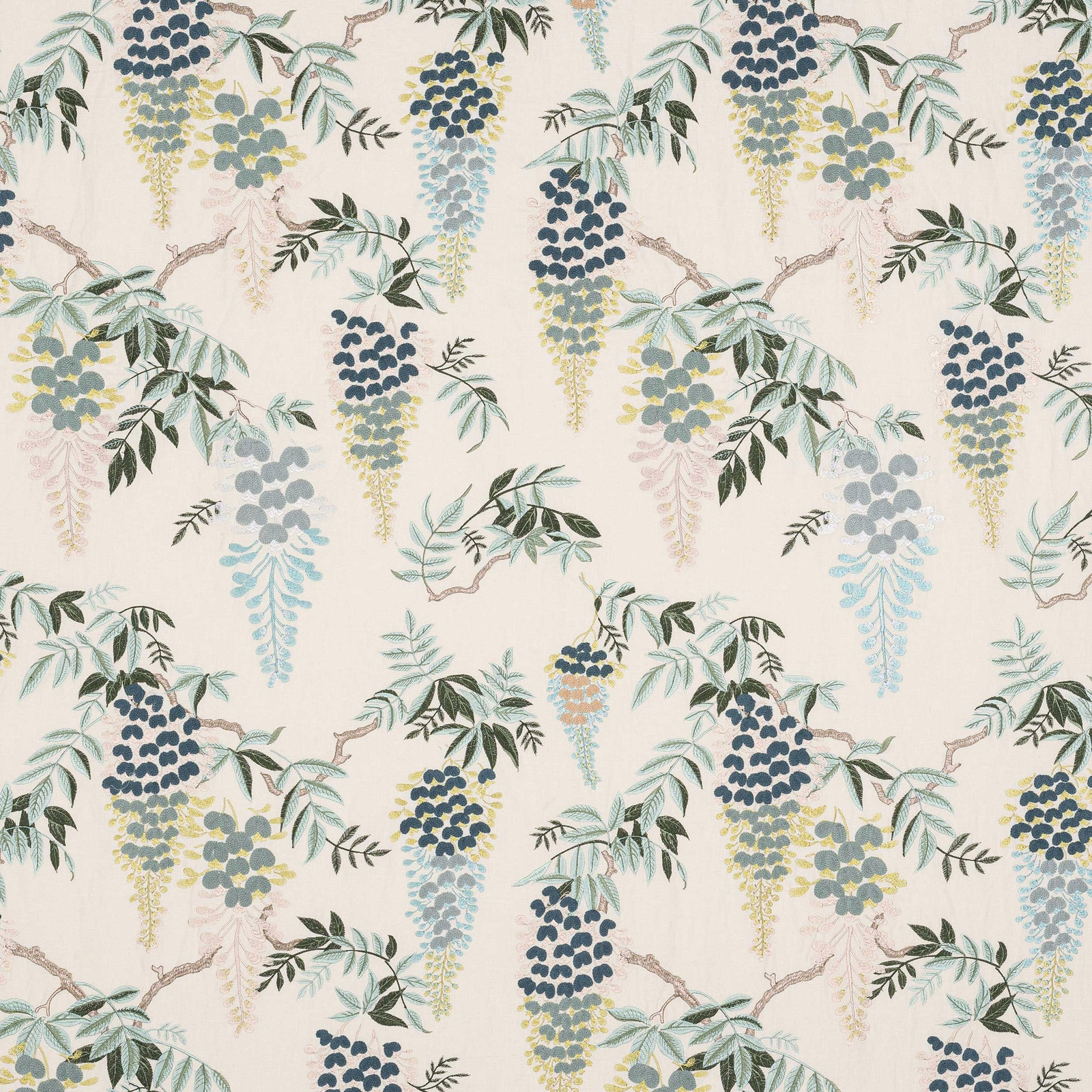 Wisteria-style floral fabric in soft blue, sage and ivory trailing sprays