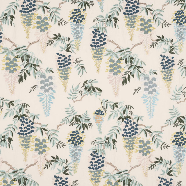 Wisteria-style floral fabric in soft blue, sage and ivory trailing sprays
