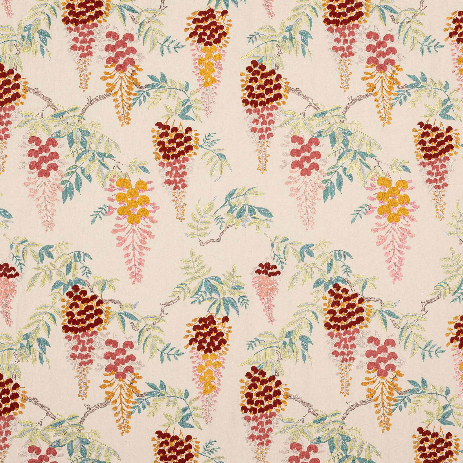 Cream fabric with trailing red floral clusters and pale green leafy branches