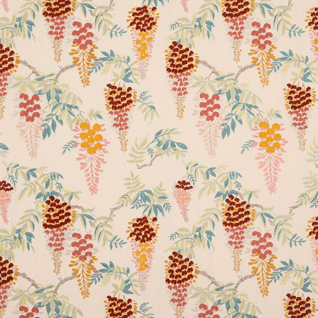 Cream fabric with trailing red floral clusters and pale green leafy branches