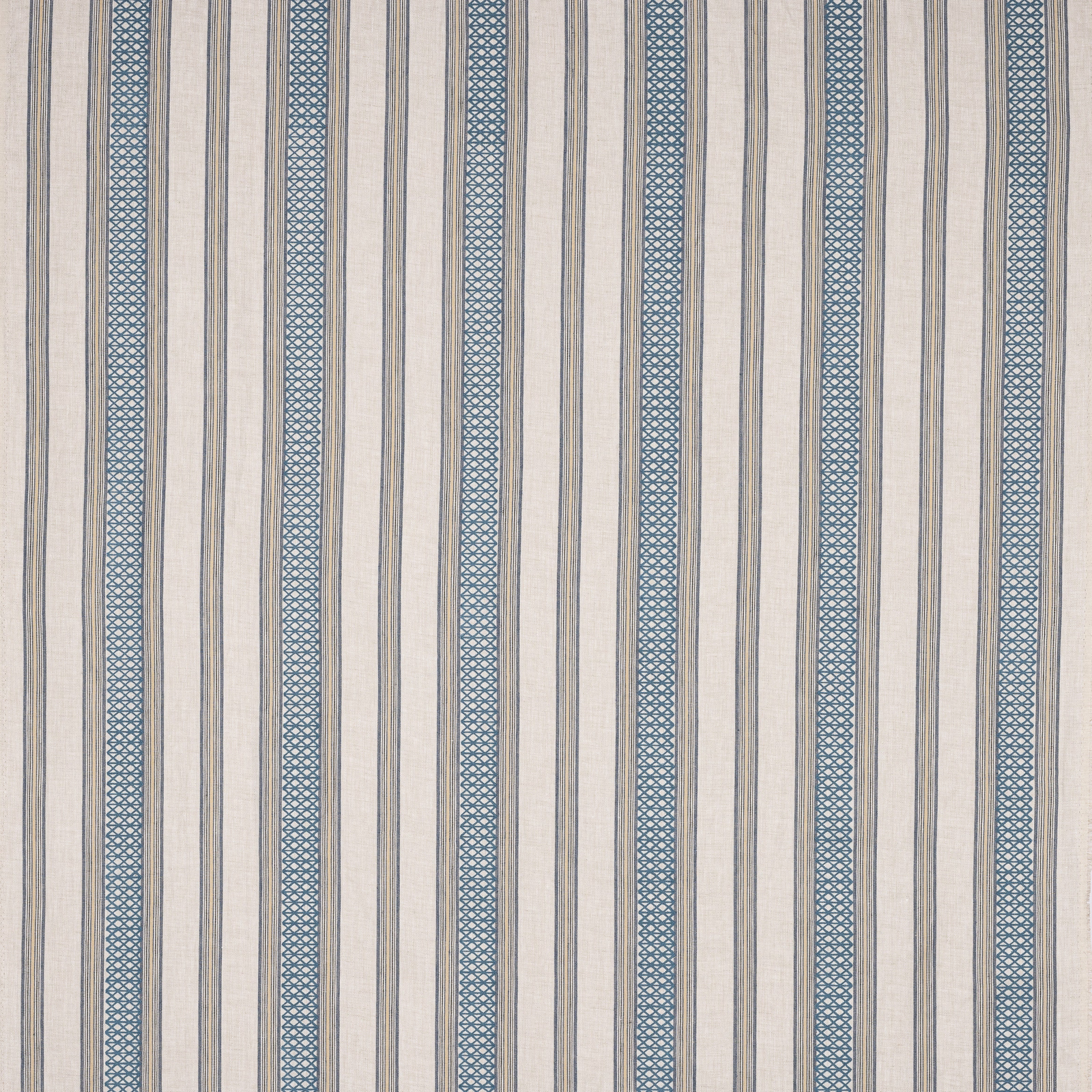 Vertical striped fabric swatch in cream and soft powder blue with fine geometric blue bands