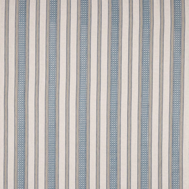 Vertical striped fabric swatch in cream and soft powder blue with fine geometric blue bands