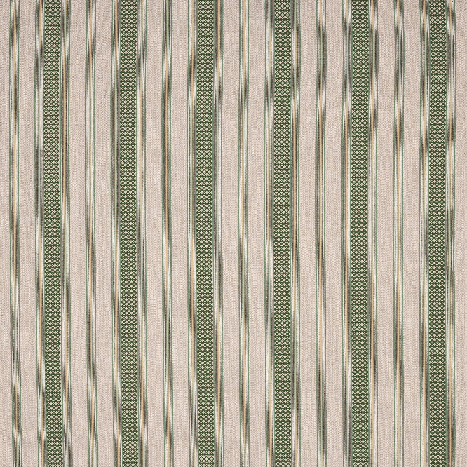 Cream linen stripe fabric with narrow olive green ladder bands and pinstripes