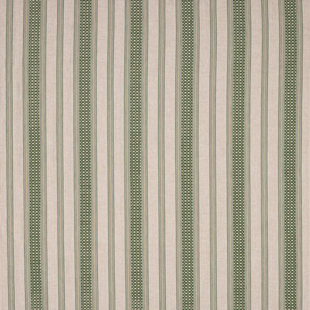 Cream linen stripe fabric with narrow olive green ladder bands and pinstripes