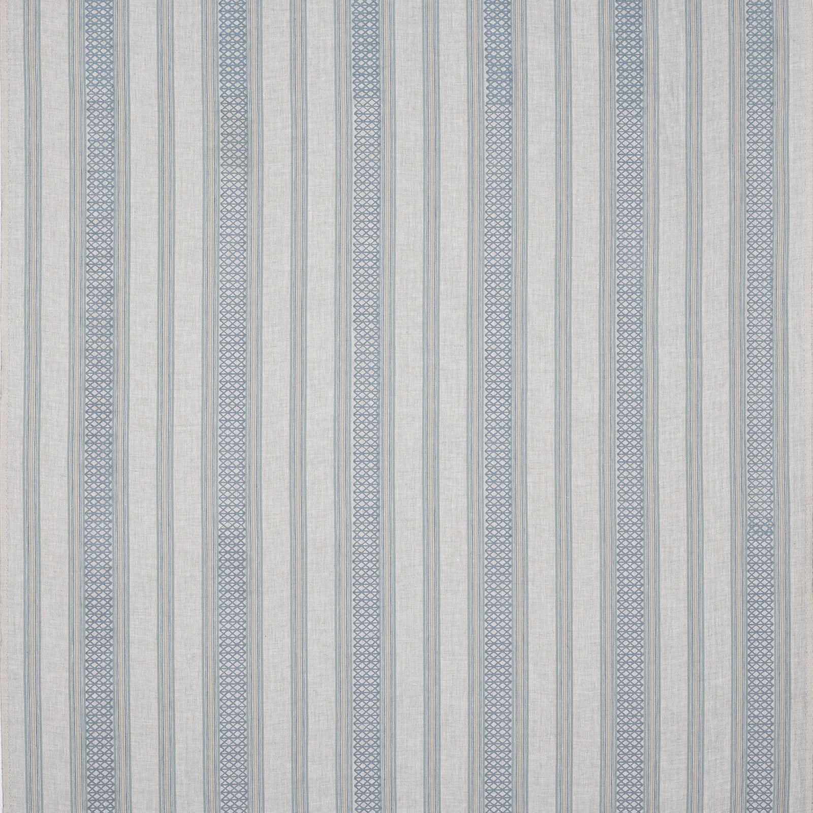 Pale blue and cream striped linen fabric with narrow patterned bands