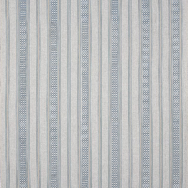 Pale blue and cream striped linen fabric with narrow patterned bands
