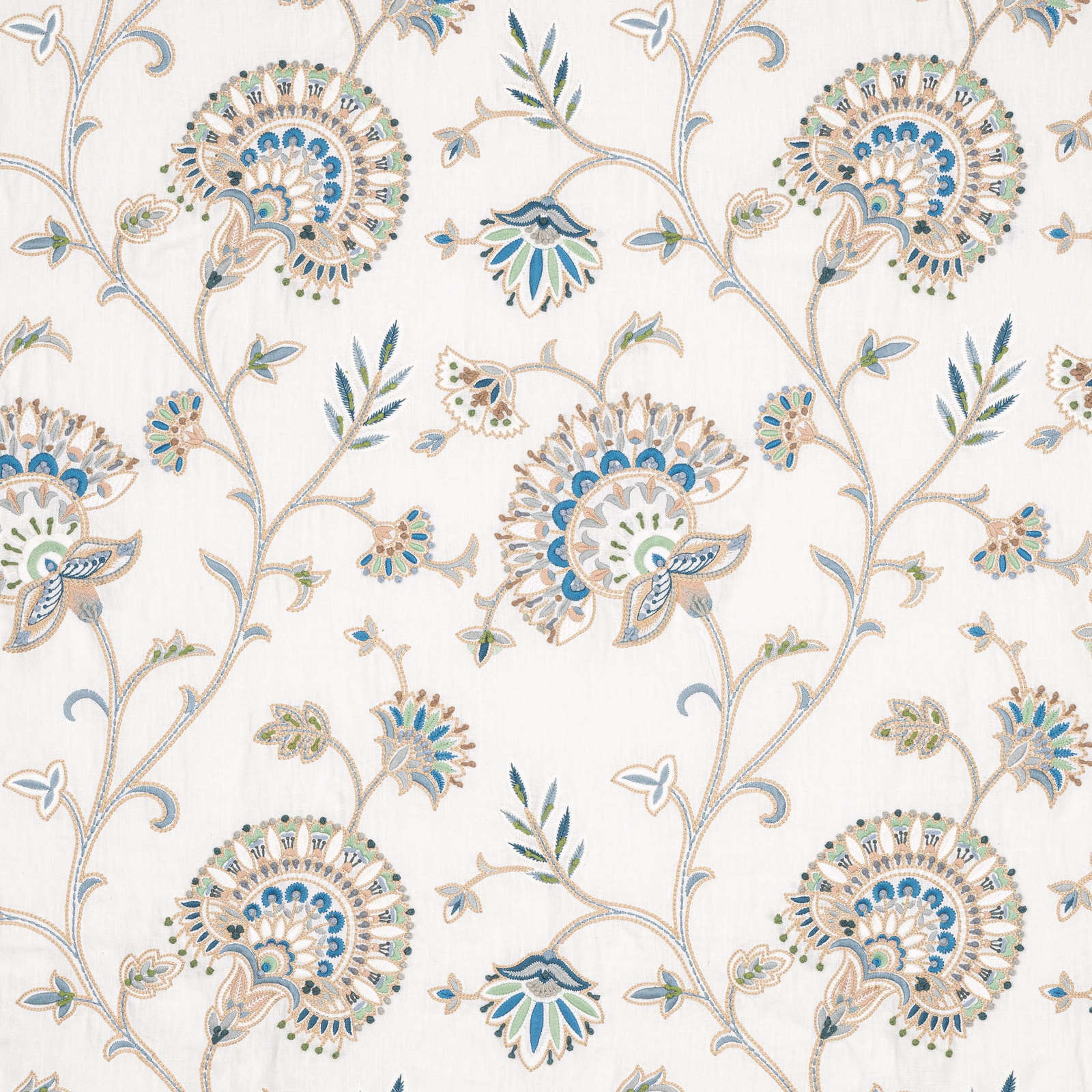 Ivory embroidered floral fabric with scrolling stems, blue and green accents